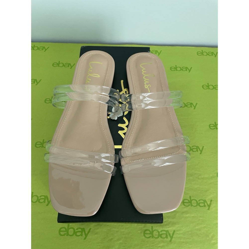 Lulus Kazzie Nude Vinyl Flat Slide Sandals Clear Square Toe Women 7.5 NEW